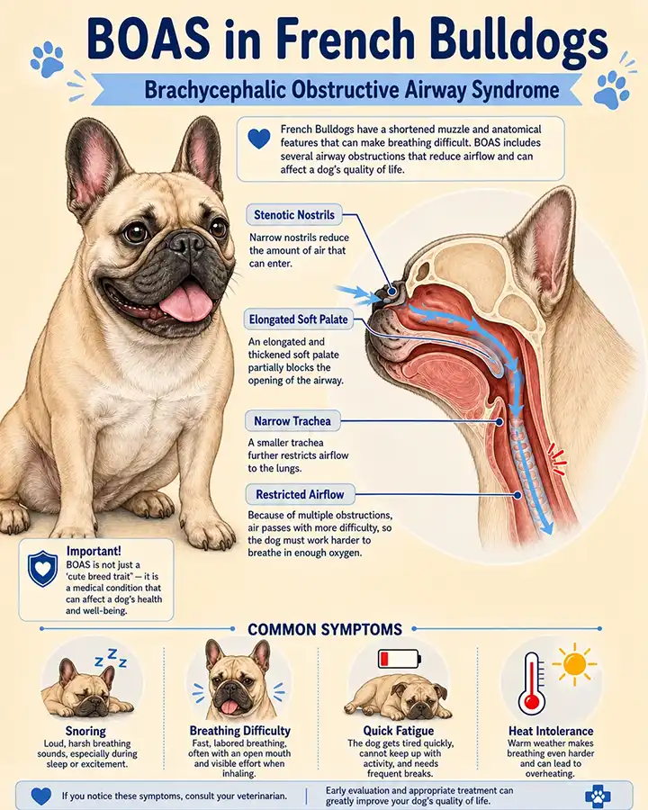 Educational infographic showing BOAS in French Bulldogs: the four anatomical obstruction points (stenotic nostrils, elongated soft palate, narrow trachea, restricted airflow) and four common symptoms (snoring, breathing difficulty, quick fatigue, heat intolerance)
