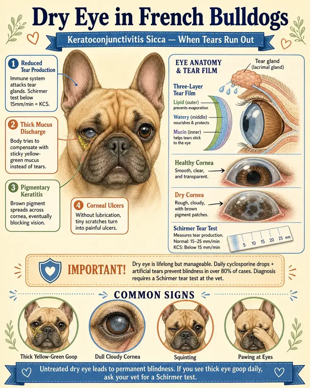 Educational infographic showing keratoconjunctivitis sicca (KCS) in a French Bulldog: insufficient tear production, dull cornea, thick yellow-green mucus discharge, and the progression toward corneal scarring and blindness without daily treatment